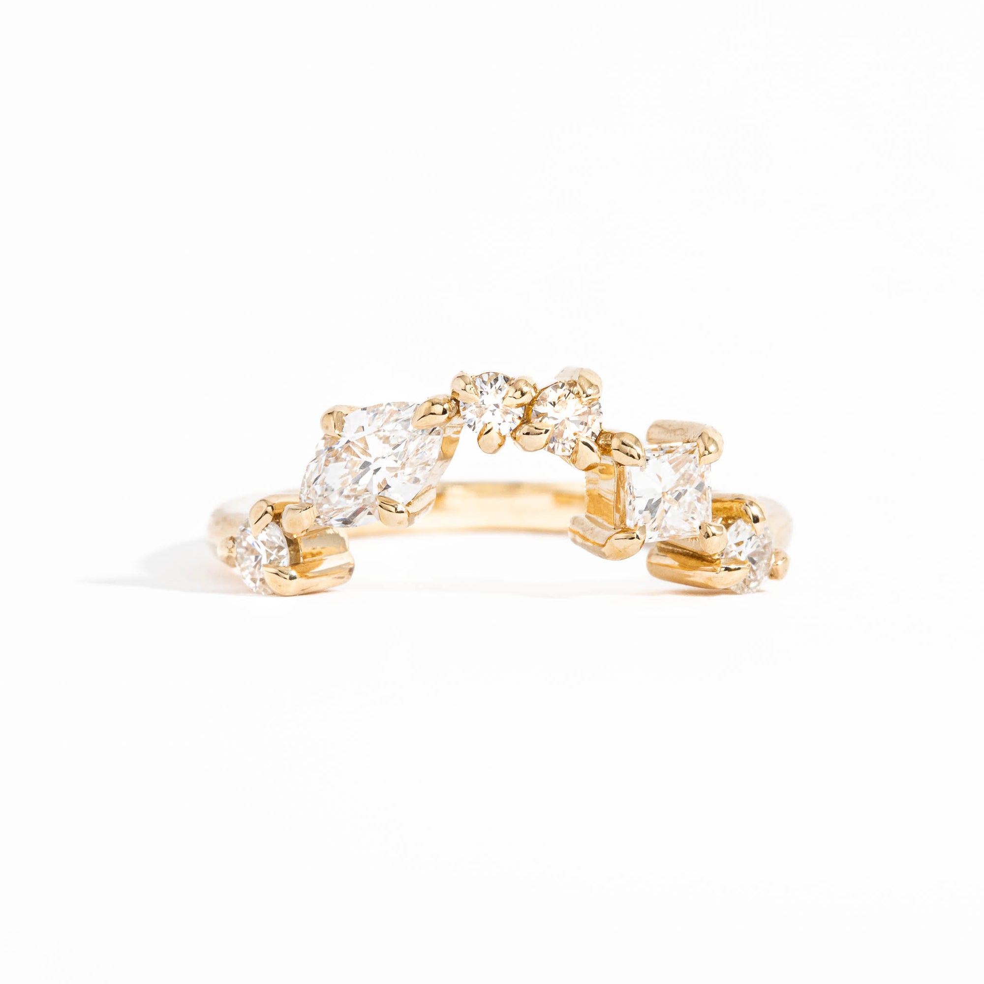 Six Stone White Diamond Curved Engagement Ring in 18 Carat Yellow Gold