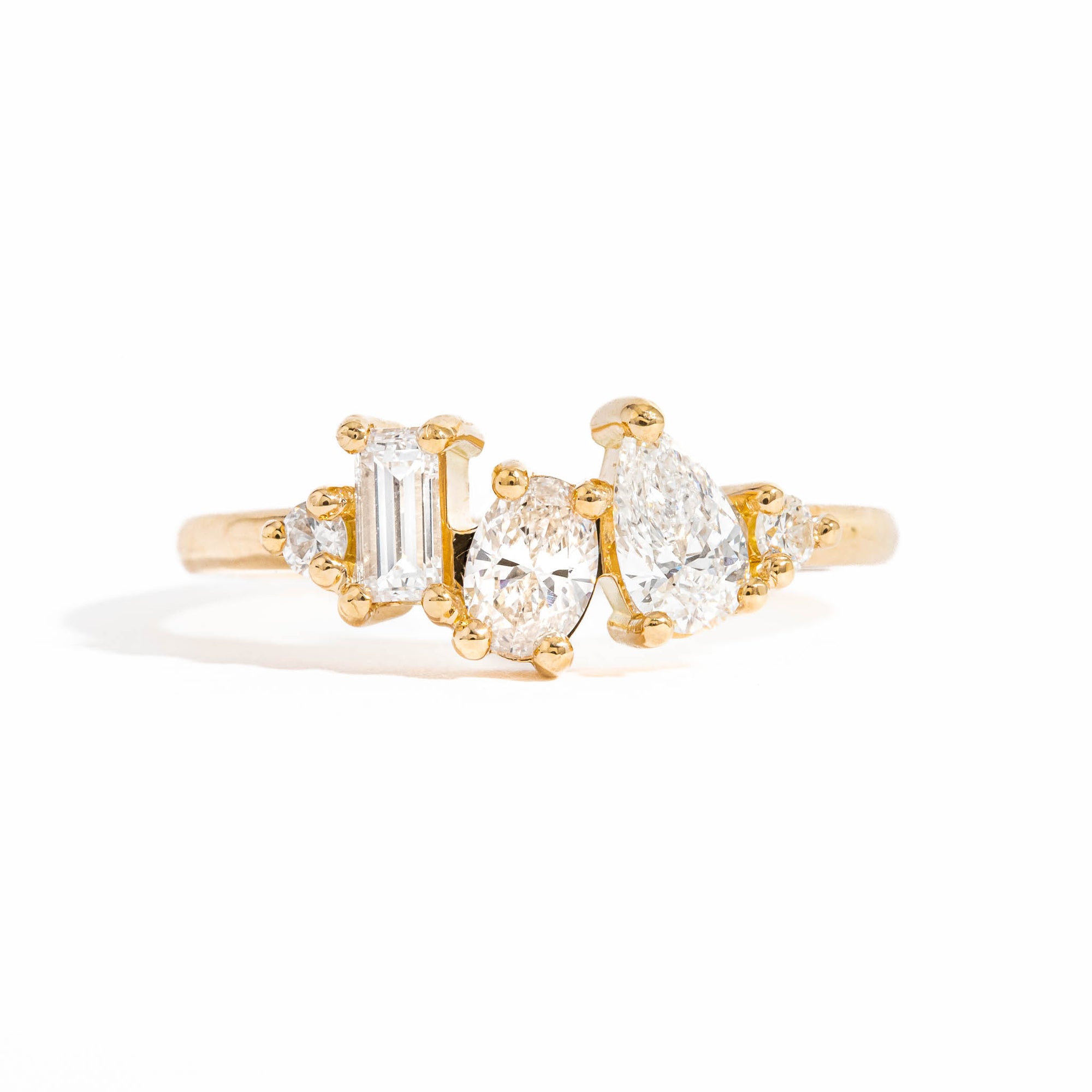  Five Stone Pear Cut, Pear Cut and Oval Cut and Baguette Cut Diamond Engagement Ring in 18 Carat Yellow Gold