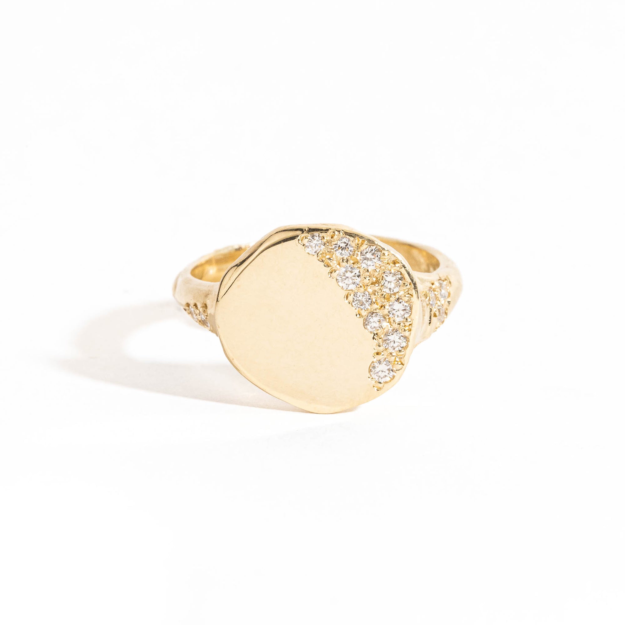  Round Signet Ring wth Pave Set White Diamond in 9 Carat Yellow Gold