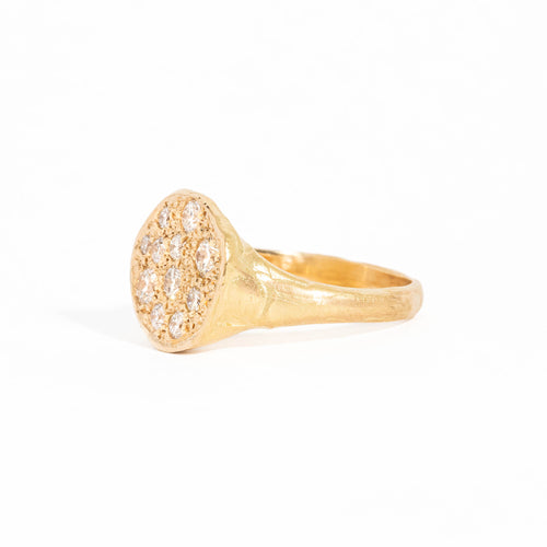  Round Signet Ring wth Pave Set White Diamond in 18 Carat Yellow Gold 