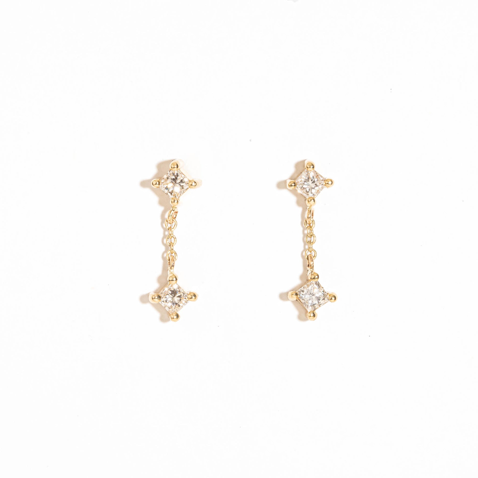 Princess Cut Diamond Drop Earrings with 9 Carat Yellow Gold Chain