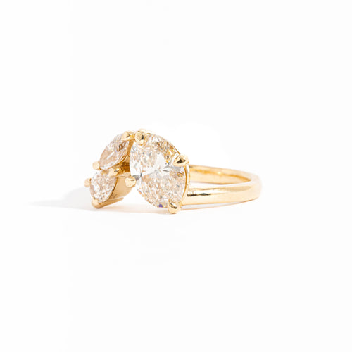Three Stone Oval Cut, Pear Cut and Marquise Cut Diamond Ring in 18 Carat Yellow Gold