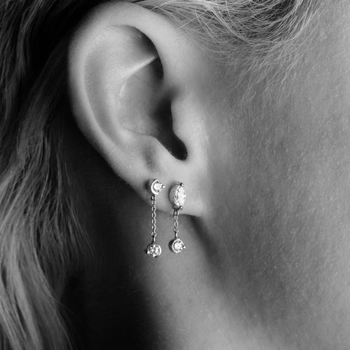 Diamond Drop Earrings with 9 Carat Yellow Gold Chain worn on the ear