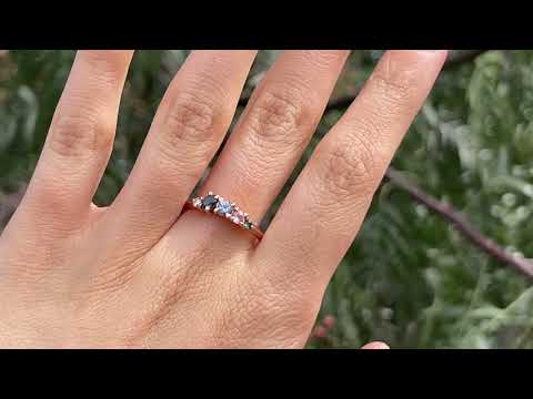 18ct Rose Gold ring set with ethically sourced Australian sapphires in blues and pink hues and a white diamond. Handmade by Black Finch Jewellery Melbourne