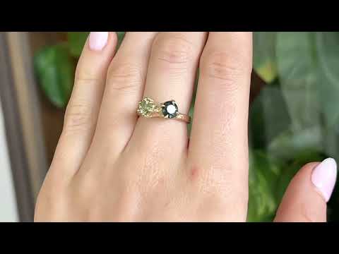 Two stone sapphire ring with dark and light green sapphires in 9ct yellow gold