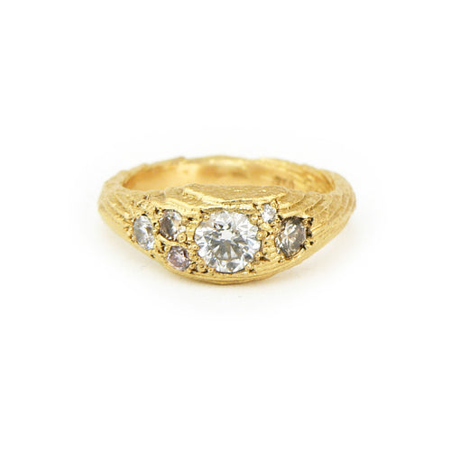 White, champagne and pink diamonds in cuttlefish cast ring in 18ct yellow gold, Custom bespoke handmade engagement ring.