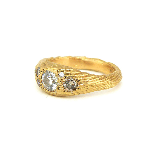 White, champagne and pink diamonds in cuttlefish cast ring in 18ct yellow gold, Custom bespoke handmade engagement ring.